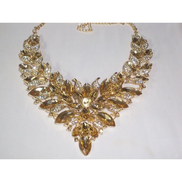 Champagne Rhinestone Statement Necklace Set, Bridal, Party Prom Formal Necklace - Picture 6 of 8